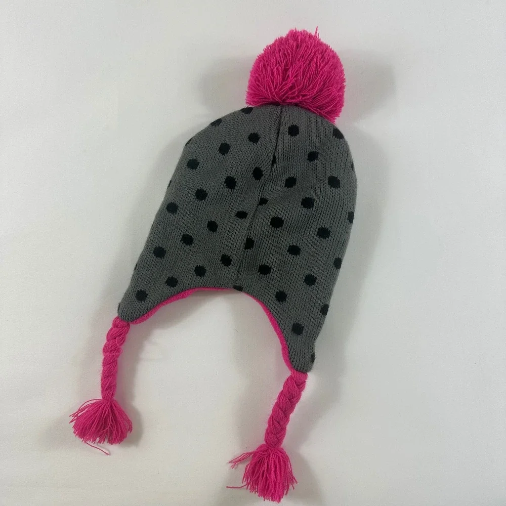 Girls Barbie Beanie Hat with Pom Poms and Braids Pink‎ Gray Polka Dot Winter